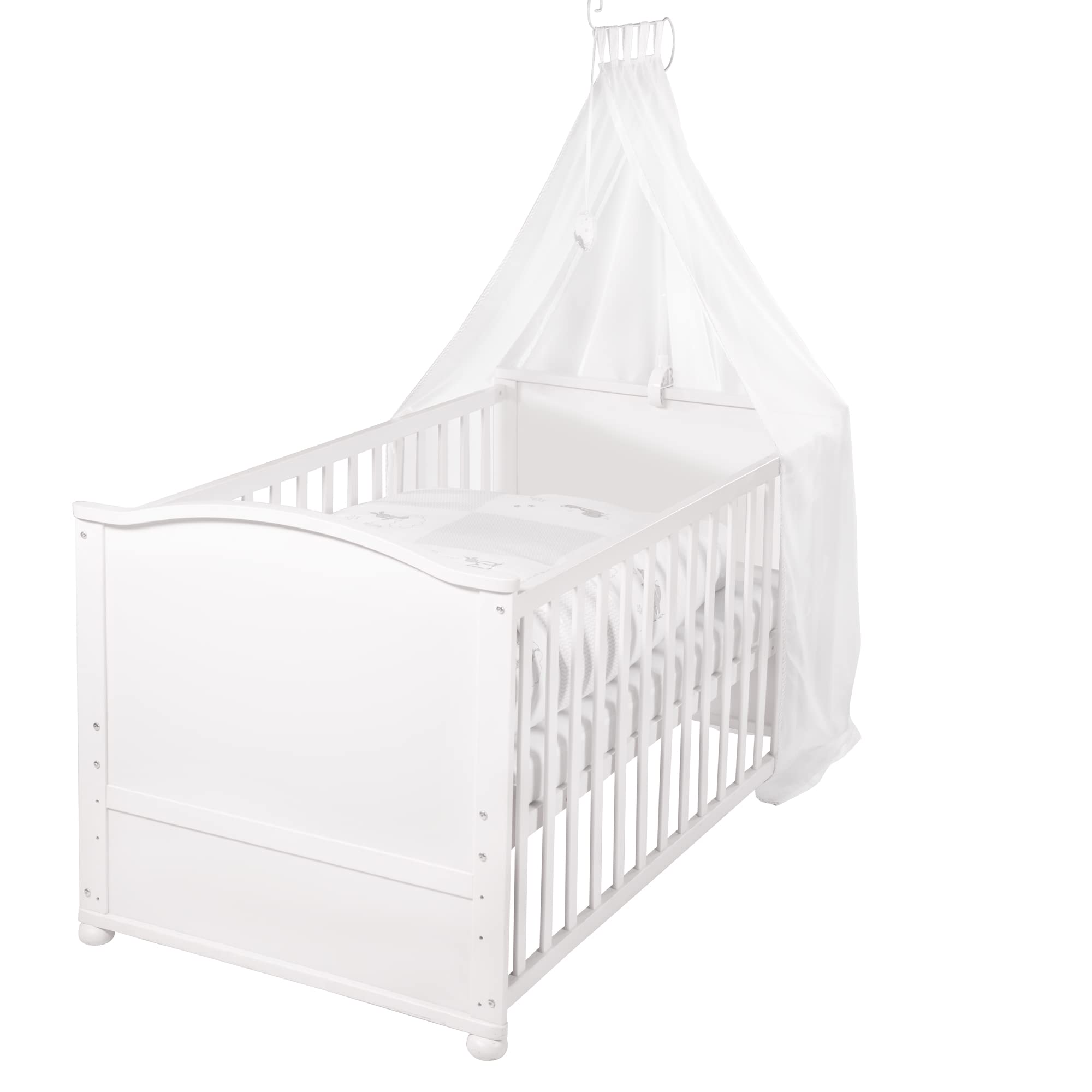 roba Babybett Set Adam & Eule - 70 x 140 cm - Mitwachsendes Kinderbett mit Bettwäsche, Himmel, Matratze - Höhenverstellbar - zu Juniorbett umbaubar - Holz weiß
