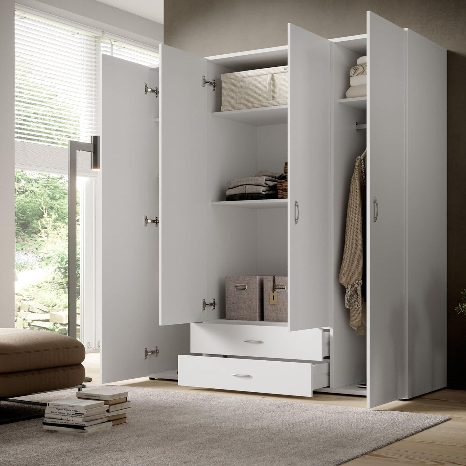 Stella Trading BASE Zeitloser Kleiderschrank in drei verschiedenen Größen - Vielseitiger Drehtürenschrank in Weiß - 160 x 177 x 52 cm (B/H/T)